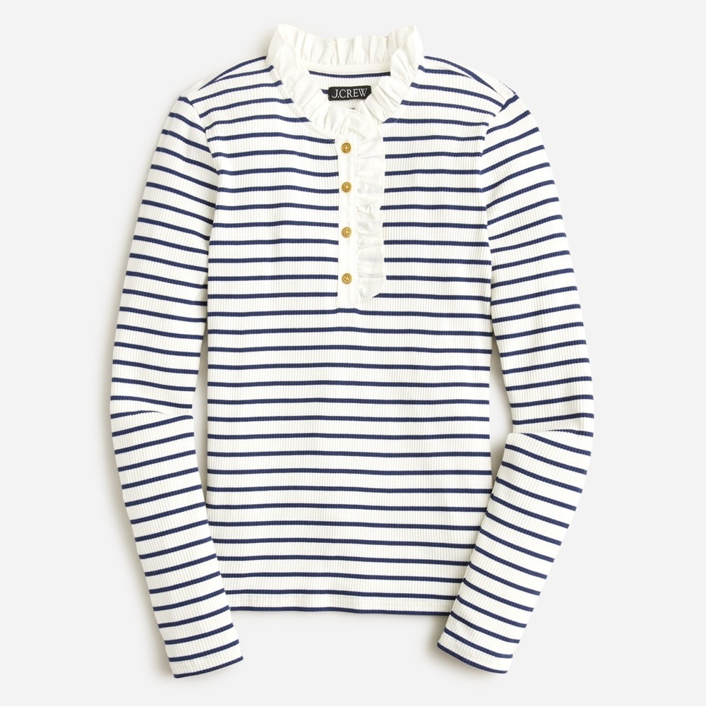 J. Crew Ruffle-Collar Longsleeve Shirt Ribbed in Striped Vintage Ivory Navy M